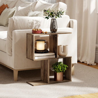 HOMCOM Side Table, Narrow End Table with Storage Shelves, S-Shaped, 3-Tier, 50W x 19.5D x 58H cm, Oak 