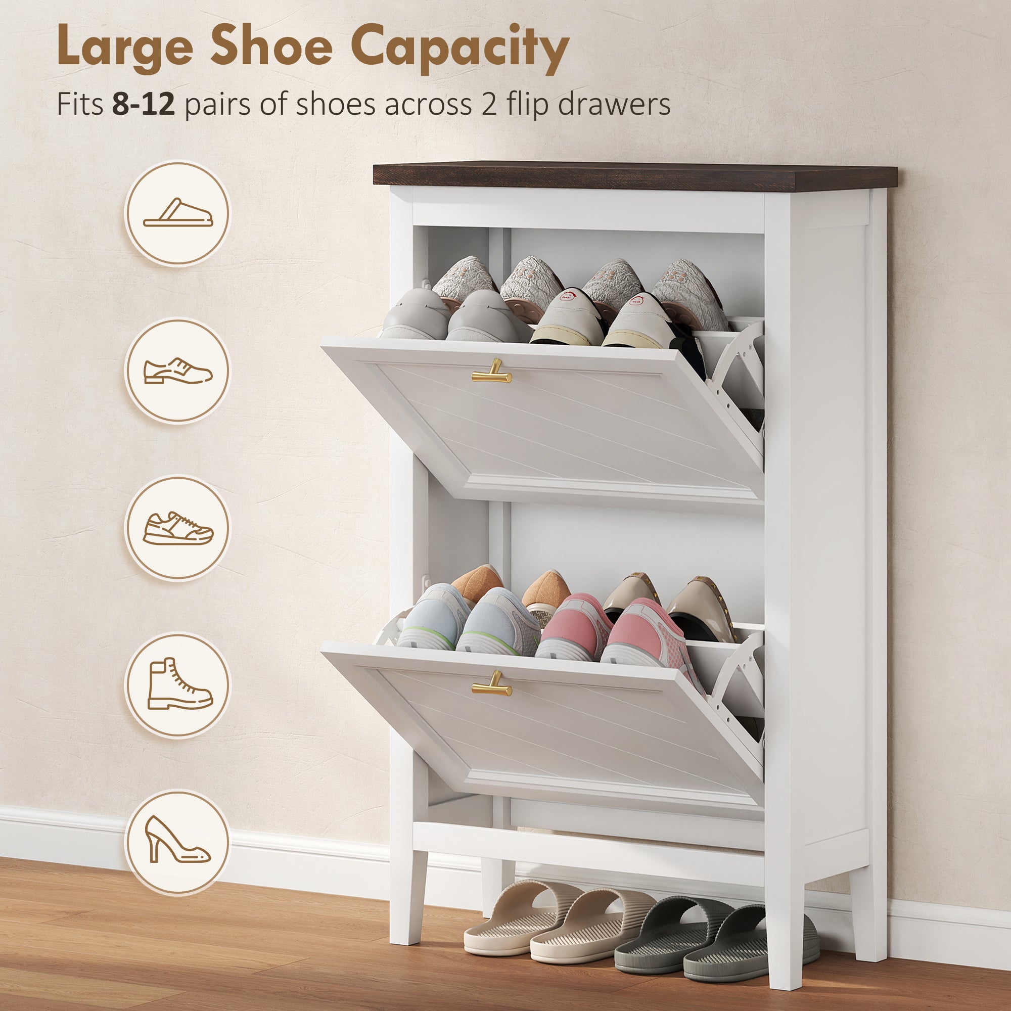 HOMCOM Shoe Cabinet with 2 Flip Drawers, Farmhouse Narrow Shoe Storage Cabinet with Adjustable Shelves, White 