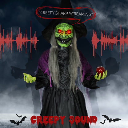 HOMCOM 180 cm Life Size Halloween Animated Standing Witch, Spooky Witch with Glowing LED Eyes,  Battery Operated