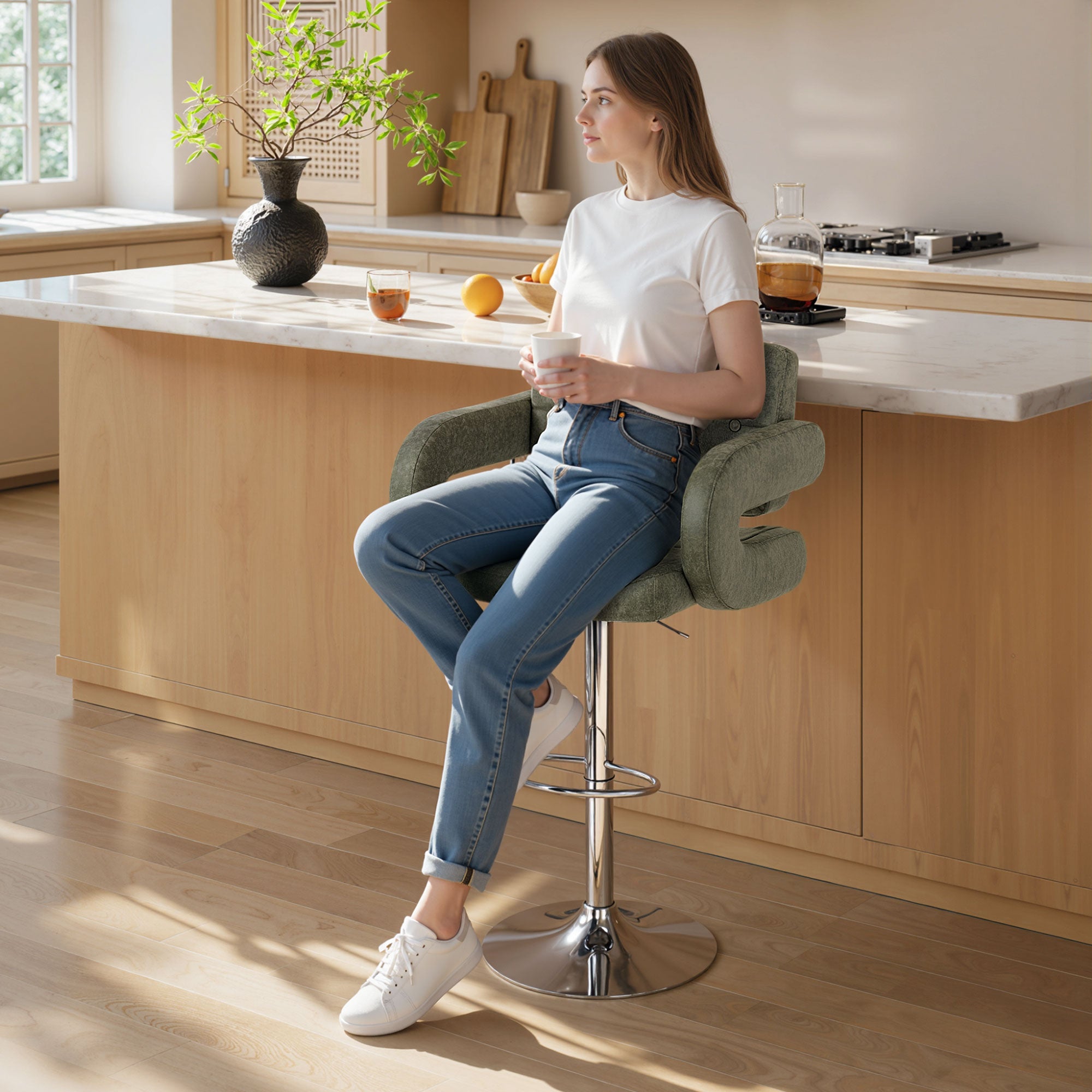 HOMCOM PU Leather Upholstered Swivel Bar Stool, Height Adjustable with Back, Armrest, Footrest, Green 