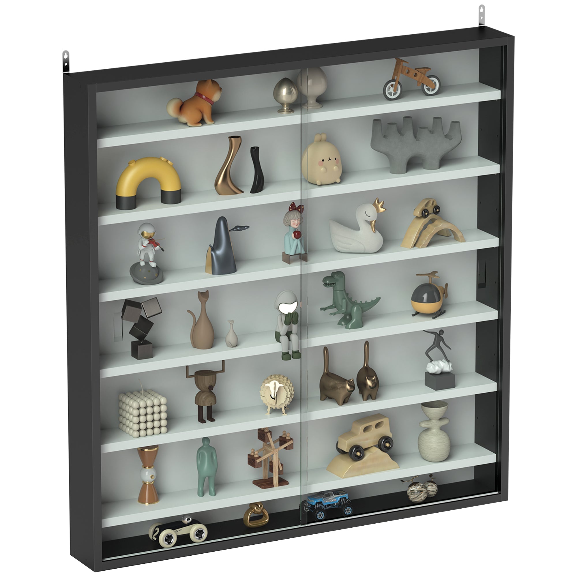 HOMCOM Six Shelf Display Cabinet, with Glass Doors - Black and White 