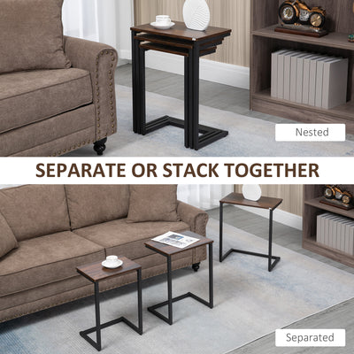 HOMCOM Nesting Side Tables Set of 3, C-Shaped Snack Side Tables with Steel Frame for Sofa Couch and Bed, Rustic Brown 
