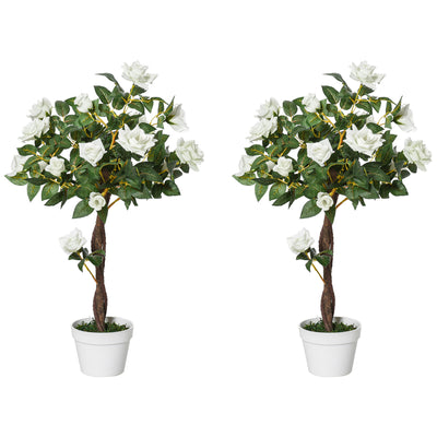 Outsunny Set of 2 Artificial Plants White Rose Floral in Pot, Fake Plants for Home Indoor Outdoor Decor, 90cm 