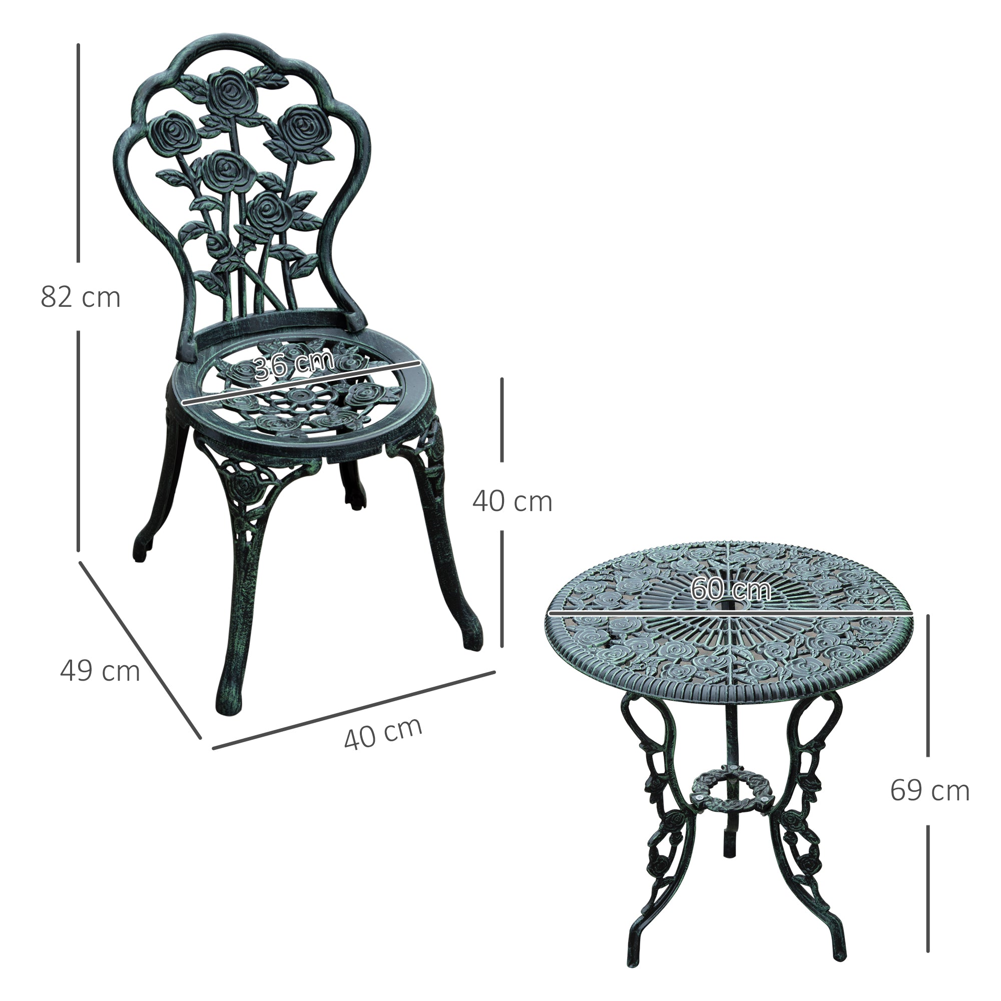 Outsunny Cast Aluminium Outdoor Patio Garden Bistro Elegant Design Table Chair Set - Green (3-Piece) 