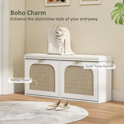 HOMCOM Boho Shoe Bench with Padded Seat and 2 Flip-Drawers - White 
