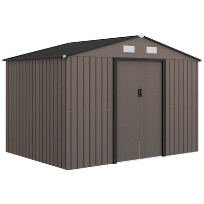 Outsunny 9 x 6ft Metal Garden Shed, Outdoor Storage Tool House with Ventilation Slots, Foundation Kit and Lockable Double Doors, Brown 