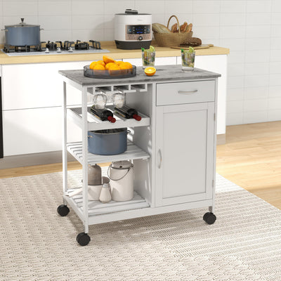 HOMCOM Compact Kitchen Trolley Utility Cart on Wheels with Wine Rack, Drawer, Open Shelf and Storage Cabinet for Dining Room, White 