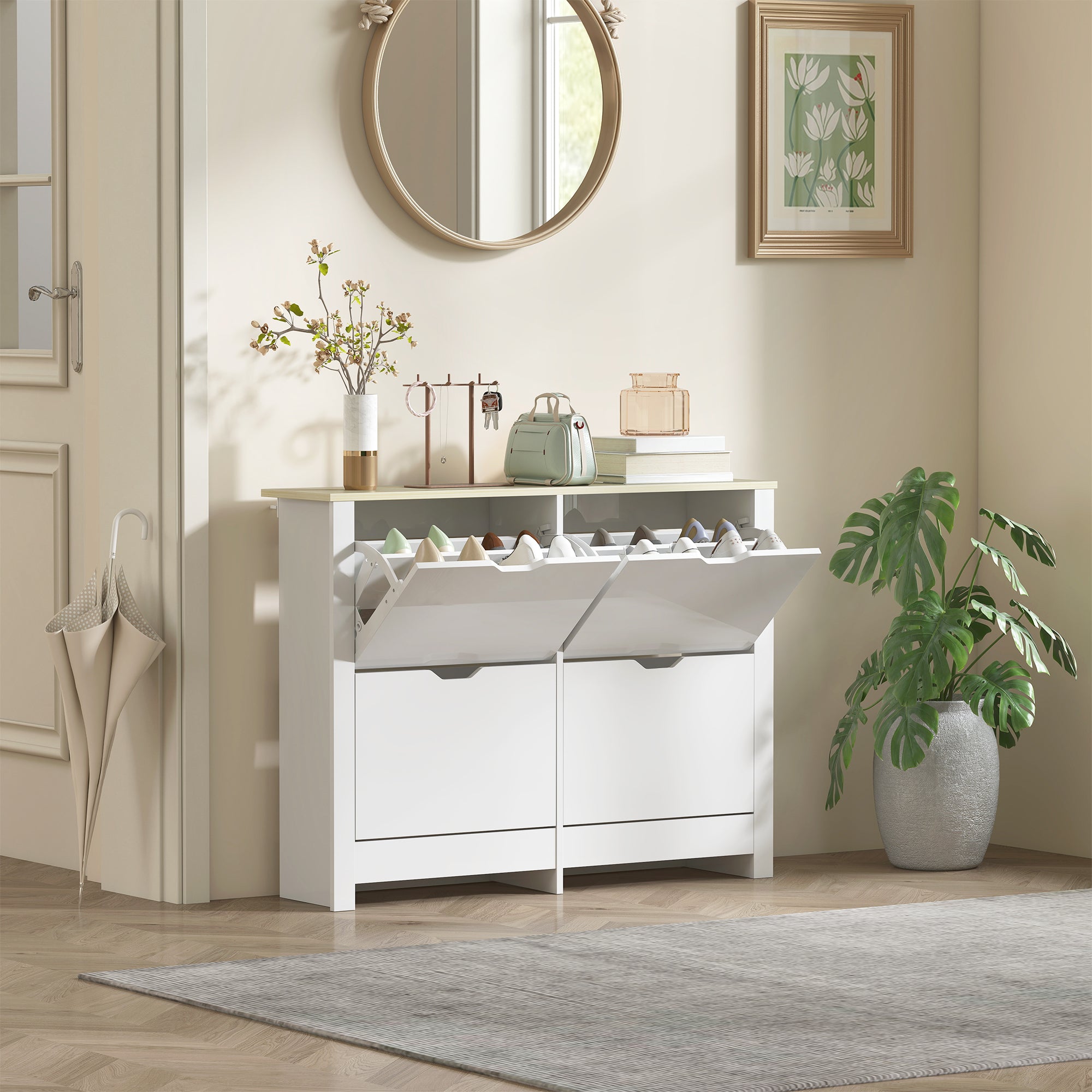 HOMCOM Slim Shoe Cabinet, Narrow Shoe Cupboard with 4 Flip Drawers, Adjustable Shelves for 16 Pairs of Shoes, White 