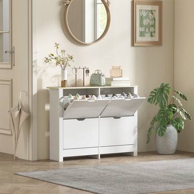 HOMCOM Slim Shoe Cabinet, Narrow Shoe Cupboard with 4 Flip Drawers, Adjustable Shelves for 16 Pairs of Shoes, White 