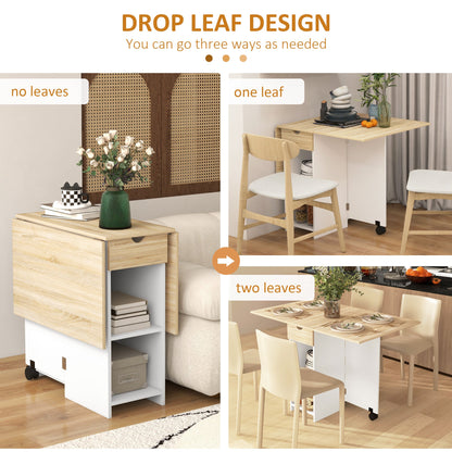 HOMCOM Folding Dining Table, Drop Leaf Table for Small Spaces, Foldable Table with Drawer and Storage Shelves for Kitchen, Dining Room, Oak 
