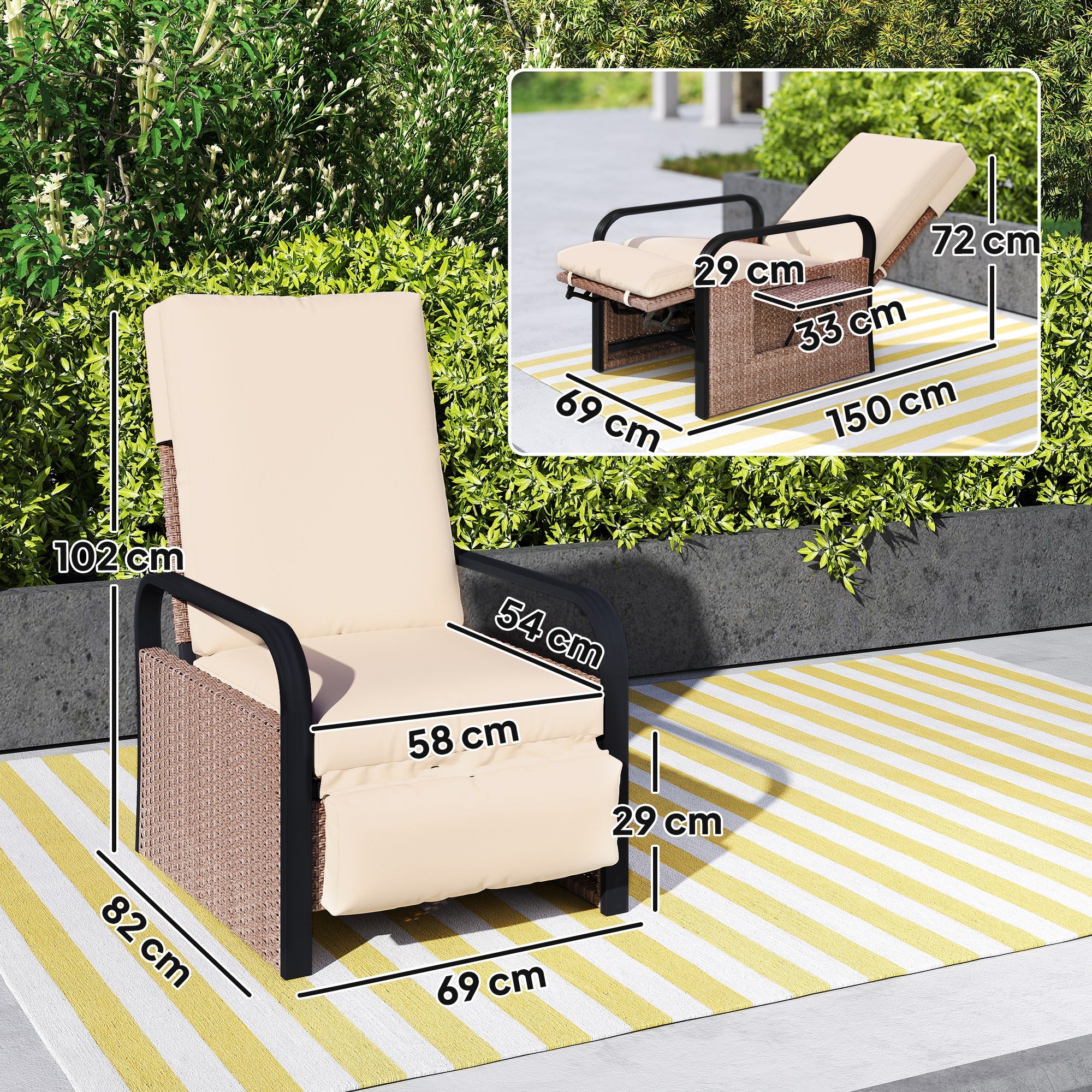 Outsunny 140° Reclining Rattan Armchair - Brown/Khaki