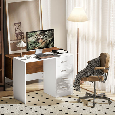 HOMCOM Computer Desk with Drawers, Dressing Table, High Gloss Home Office Writing Workstation, White 