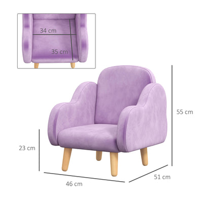 ZONEKIZ Kids Armchair Toddler Sofa Children Chair with Arm Rest, Wooden Frame, Velvet, PP Legs, Cloud Shape, for Ages 1.5-3 Years - Purple 