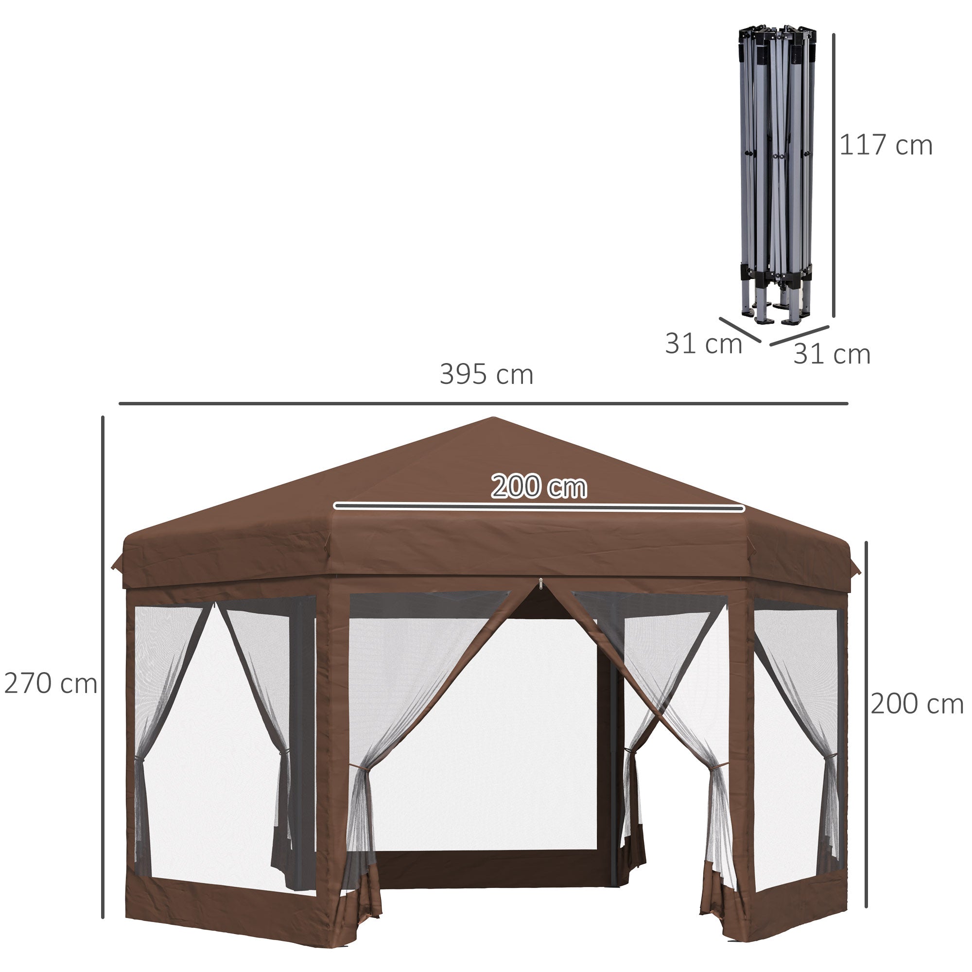 Outsunny 3.5m x 4m Hexagonal Pop Up Gazebo, Canopy Tent Sun Shelter for Patio Outdoor Party, Height Adjustable, with Mosquito Netting and Carry Bag - Brown 
