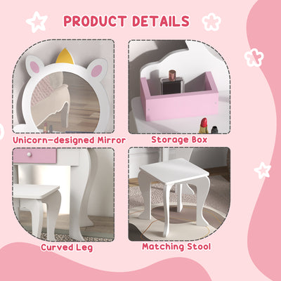 ZONEKIZ Unicorn-Design Kids Dressing Table, with Mirror and Stool - White 