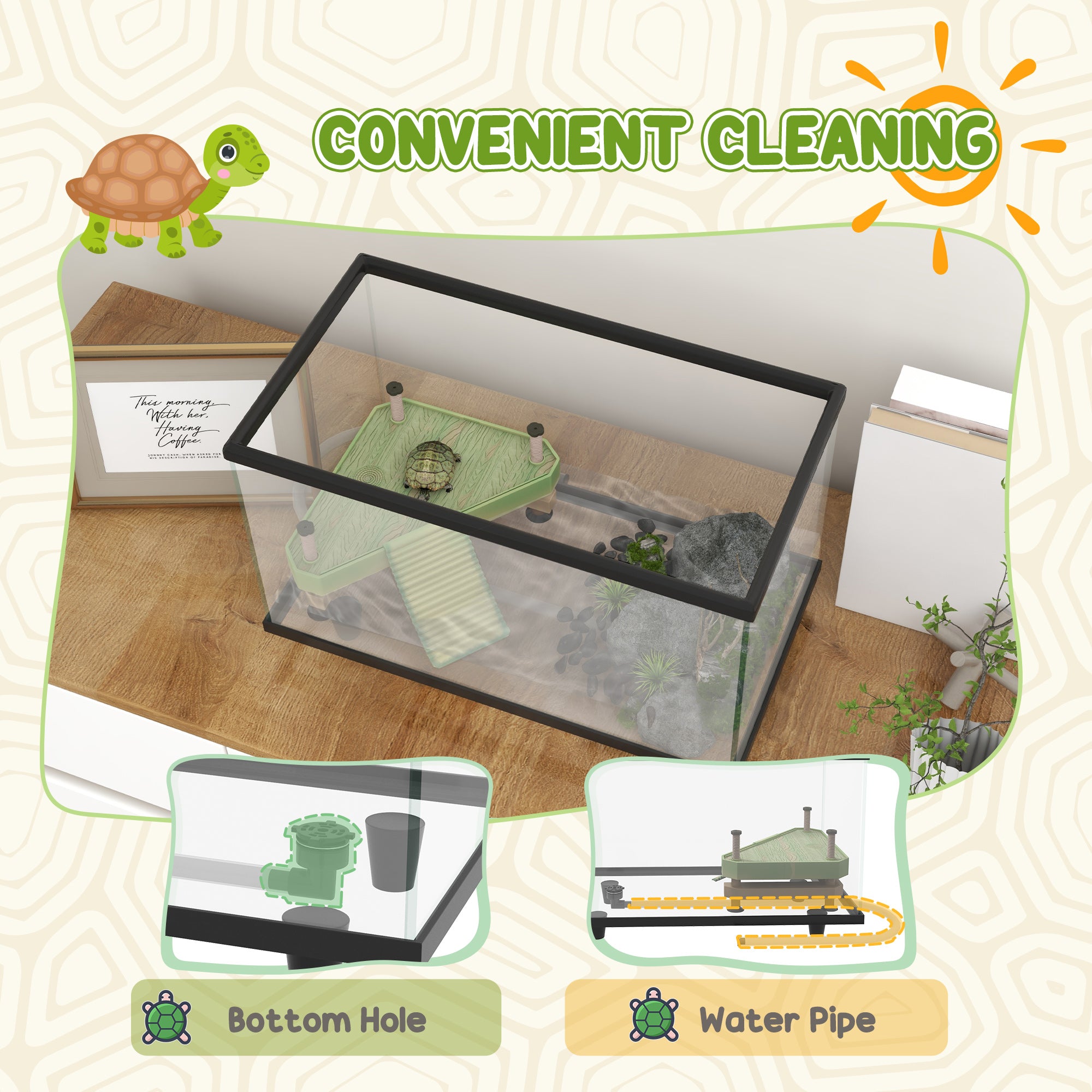 PawHut 28L Glass Turtle Tank Aquarium with Basking Platform, Easy Drainage, Strip Patch Thermometer 