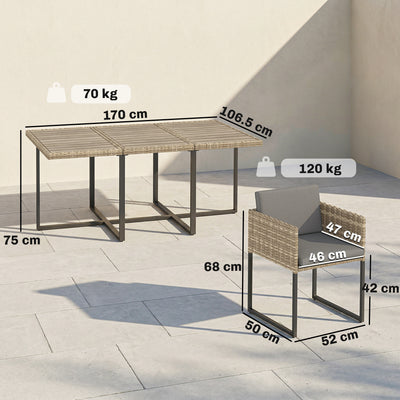 Outsunny 7 Piece Rattan Garden Furniture Set, Garden Dining Set with Wood-Plastic Table and 6 Stackable Chairs, Light Brown 