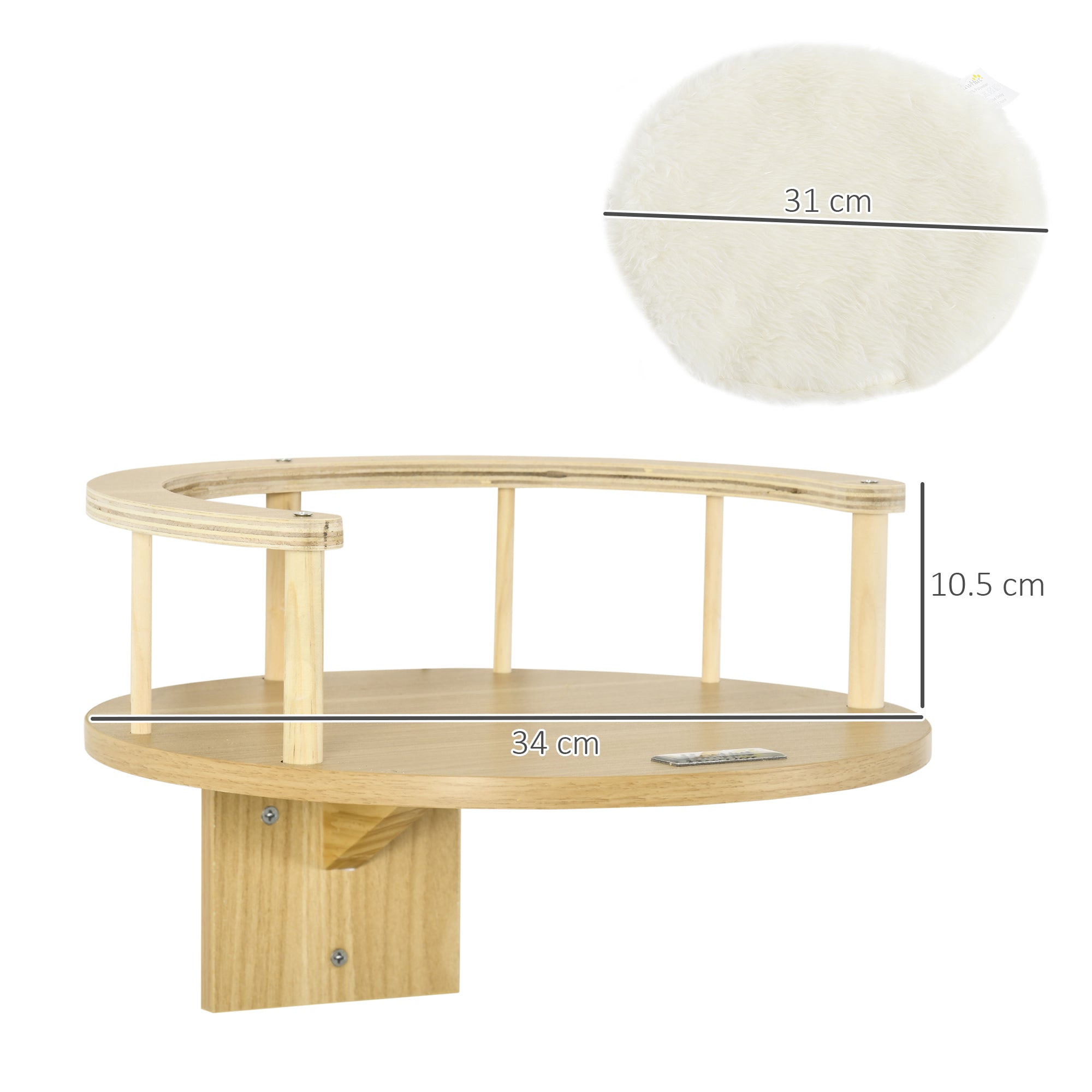 PawHut Wall-Mounted Cat Shelf with Cushion, Guardrails, 34 x 34 x 10.5cm 