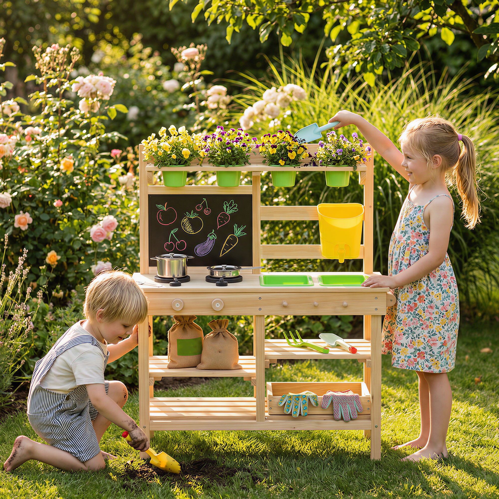 AIYAPLAY Kids Mud Kitchen, Outdoor Wooden Play Kitchen with Kitchenware & Garden Tools, Pretend Play Outdoor Toys, Natural 