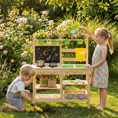 AIYAPLAY Kids Mud Kitchen, Outdoor Wooden Play Kitchen with Kitchenware & Garden Tools, Pretend Play Outdoor Toys, Natural 