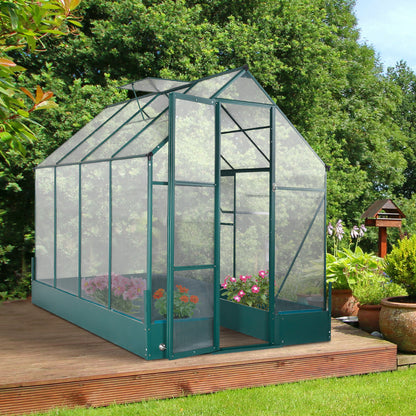 Outsunny 6x8 FT Polycarbonate Greenhouse with Base and Raised Bed, Walk-in Greenhouse with Aluminium Frame, Temperature Controlled Window, Foundation for Plants, Flowers, Vegetable 