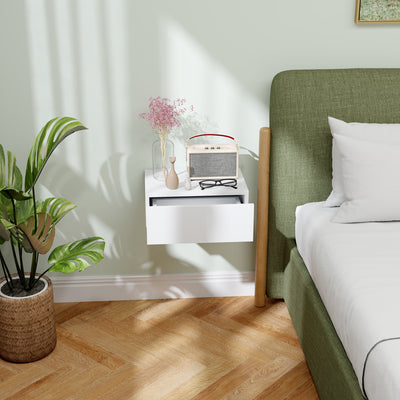 HOMCOM Floating Bedside Table, Wall-Mounted Nightstand with Storage Drawer, Small Side End Table for Bedroom, White 