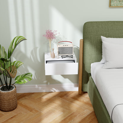 HOMCOM Floating Bedside Table, Wall-Mounted Nightstand with Storage Drawer, Small Side End Table for Bedroom, White