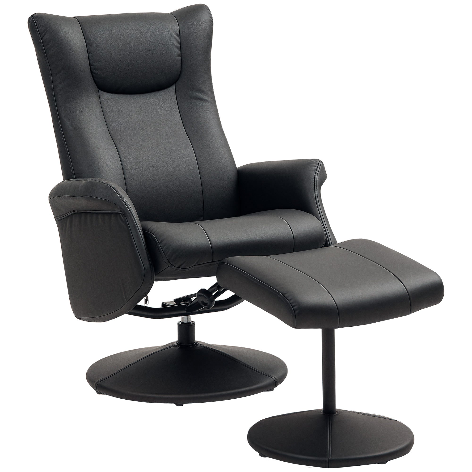 HOMCOM Swivel Recliner Chair with Footstool, PU Leather Recliner Armchair with Adjustable Back and Steel Frame, Reclining Chair Lounge with Flared Armrests for Living Room, Black 