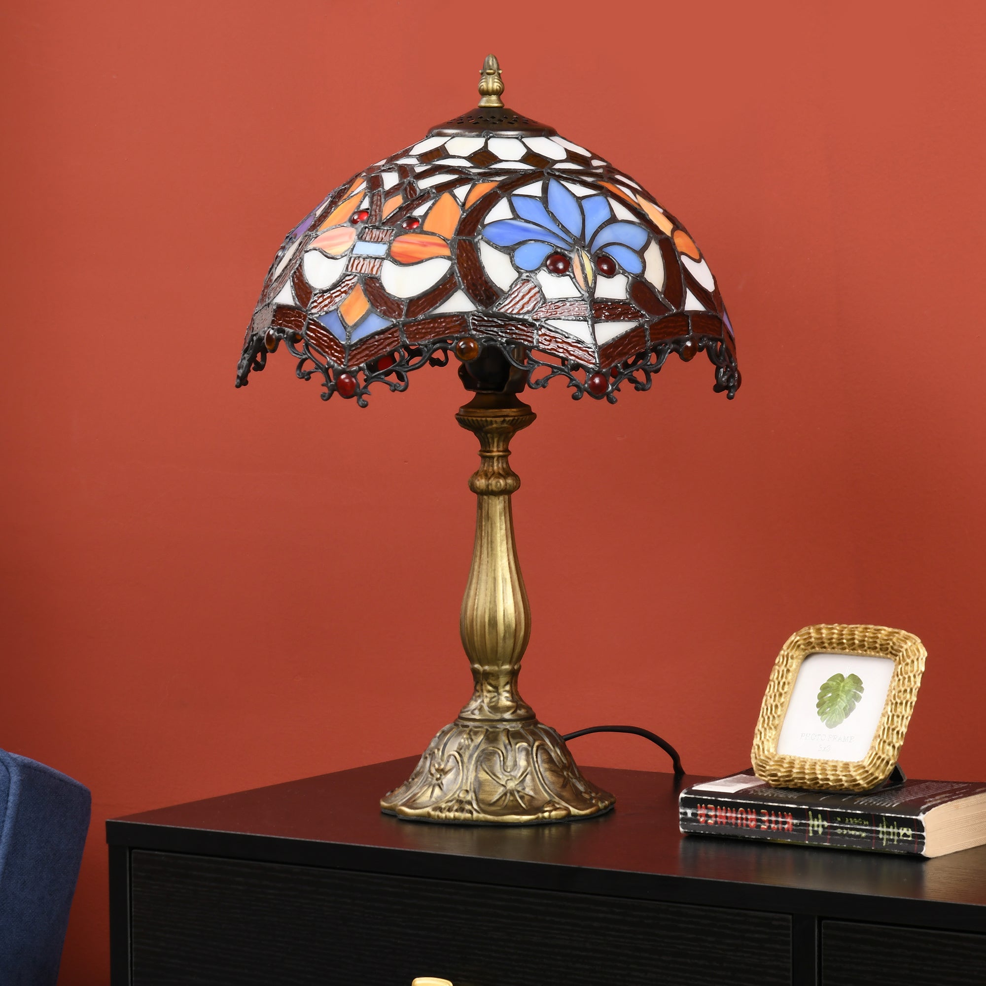 HOMCOM Stained Glass Table Lamp, Handcrafted Artisan Collectible, Suitable for Living Room and Bedside, Multi-Coloured, \'d0\'a431 x 48Hcm, Zinc Alloy. 
