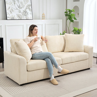 HOMCOM Modern 3 Seater Sofa with Spring Cushion, 212 cm Fabric Jumbo Cord Sofa Couch with 2 Scatter Cushions, Upholstered Corduroy Settee for Living Room, Bedroom, Home Office, Cream White 