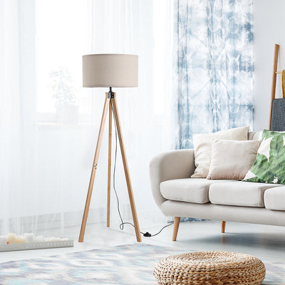 HOMCOM Floor Lamp with Elegant Wood Tripod, Free Standing E27 Bulb Lamp Versatile Use For Home Office - Beige 