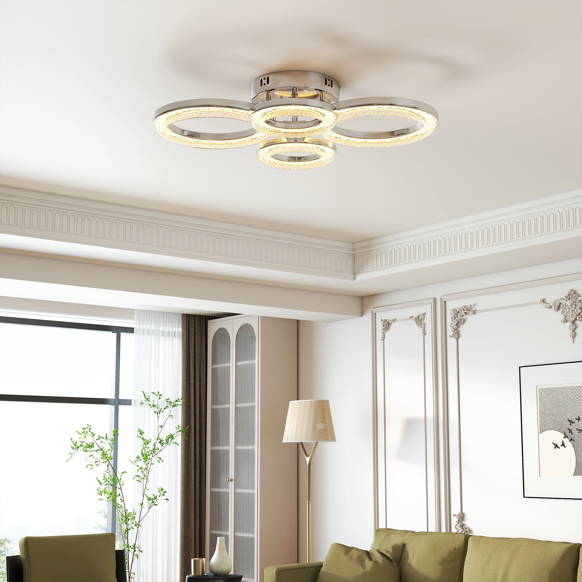 HOMCOM LED Ceiling Light, Modern Dimmable 4 Rings Ceiling Lamp with Wall Switch, 40W 4350lm Flush Mount Ceiling Light with 3500K/4500K/6000K Colour Temperatures for Living Room, Bedroom, Silver Tone 