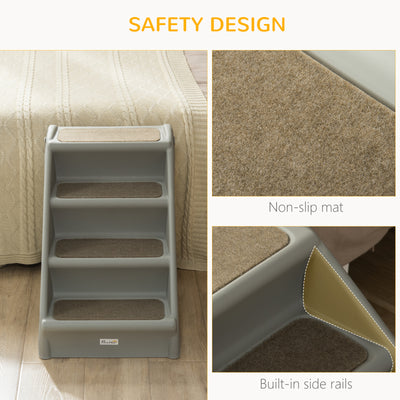 PawHut Foldable Four-Step Pet Stairs, for Cats, Small Miniature Dogs, with Non-Slip Mats 62 x 38 x 49.5cm - Grey 