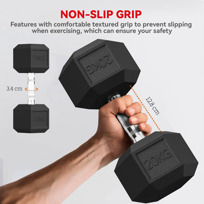 HOMCOM 2x20KG Rubber Hex Dumbbell Portable Hand Weights Dumbbell Home Gym 