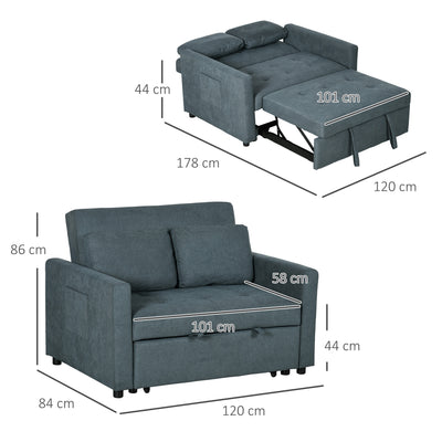 HOMCOM Loveseat Sofa Bed, Convertible Bed Settee with 2 Cushions, Side Pockets for Living Room, Charcoal Grey 
