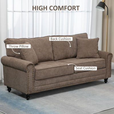 HOMCOM 3 Seater Sofas for Living Room, Fabric Sofa with Nailhead Trim, Cushions and Pillows, Brown 
