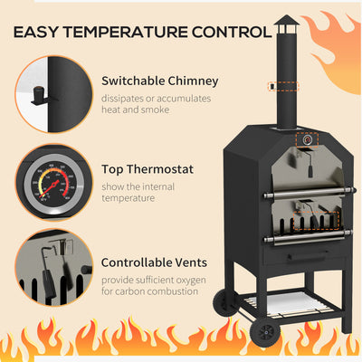 Outsunny Steel 3-Tier Outdoor Pizza Oven Charcoal BBQ Grill, Black 