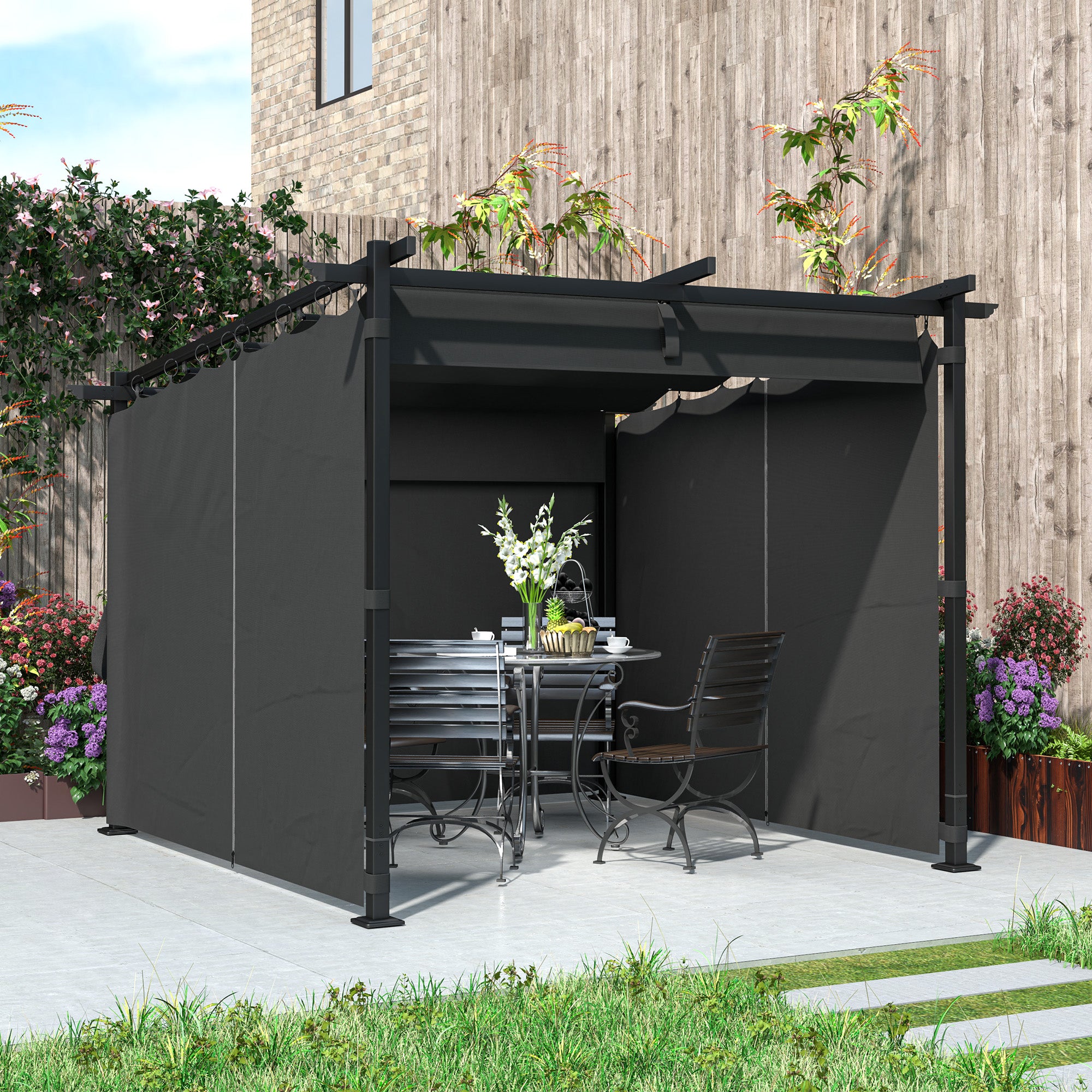 Outsunny 3 x 3 m Retractable Roof Pergola, with Curtains - Dark Grey 