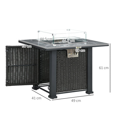 Outsunny Outdoor PE Rattan Gas Fire Pit Table, Patio Square Propane Heater with Marble Desktop, Rain Cover, Glass Windscreen, and Glass Stones, 50,000 BTU, Black 