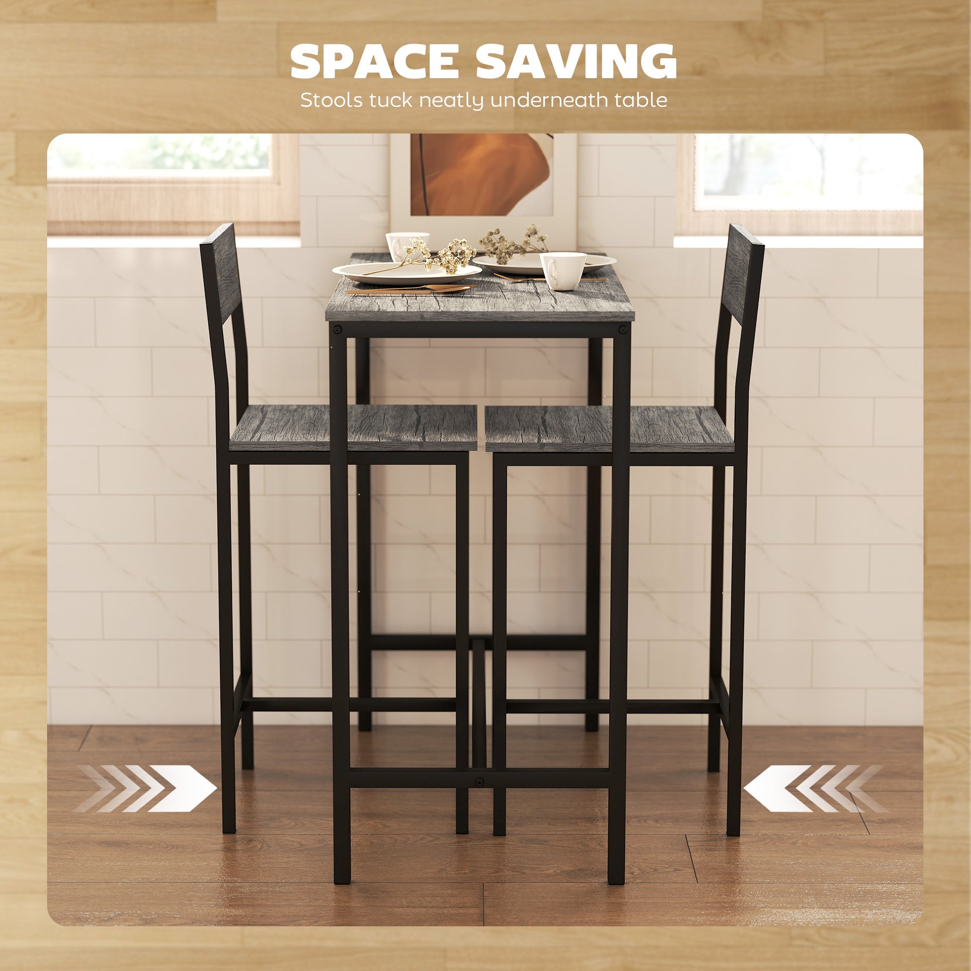 HOMCOM 3-Piece Bar Table Set with 2 Stools, Industrial Breakfast Bar Set with Footrest, Backrest for Dining Room, Small Space 