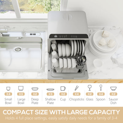 HOMCOM Table Top Dishwasher, Mini Countertop Dishwasher with Built-in 6L Water Tank, 6 Programs, Touch Control, LED Display, 4 Place Settings, Dual Water Supply and Fruit Wash Mode, Silver Tone 