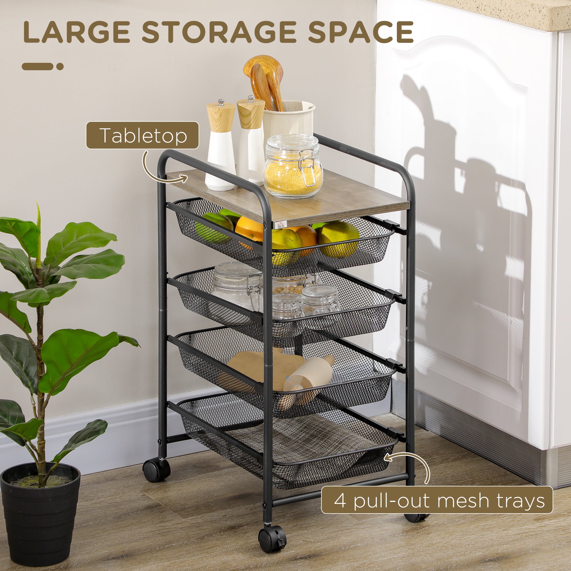 HOMCOM Storage Trolley on Wheels, Rolling Utility Serving Cart with 4 Mesh Trays for Living Room, Kitchen, Black 