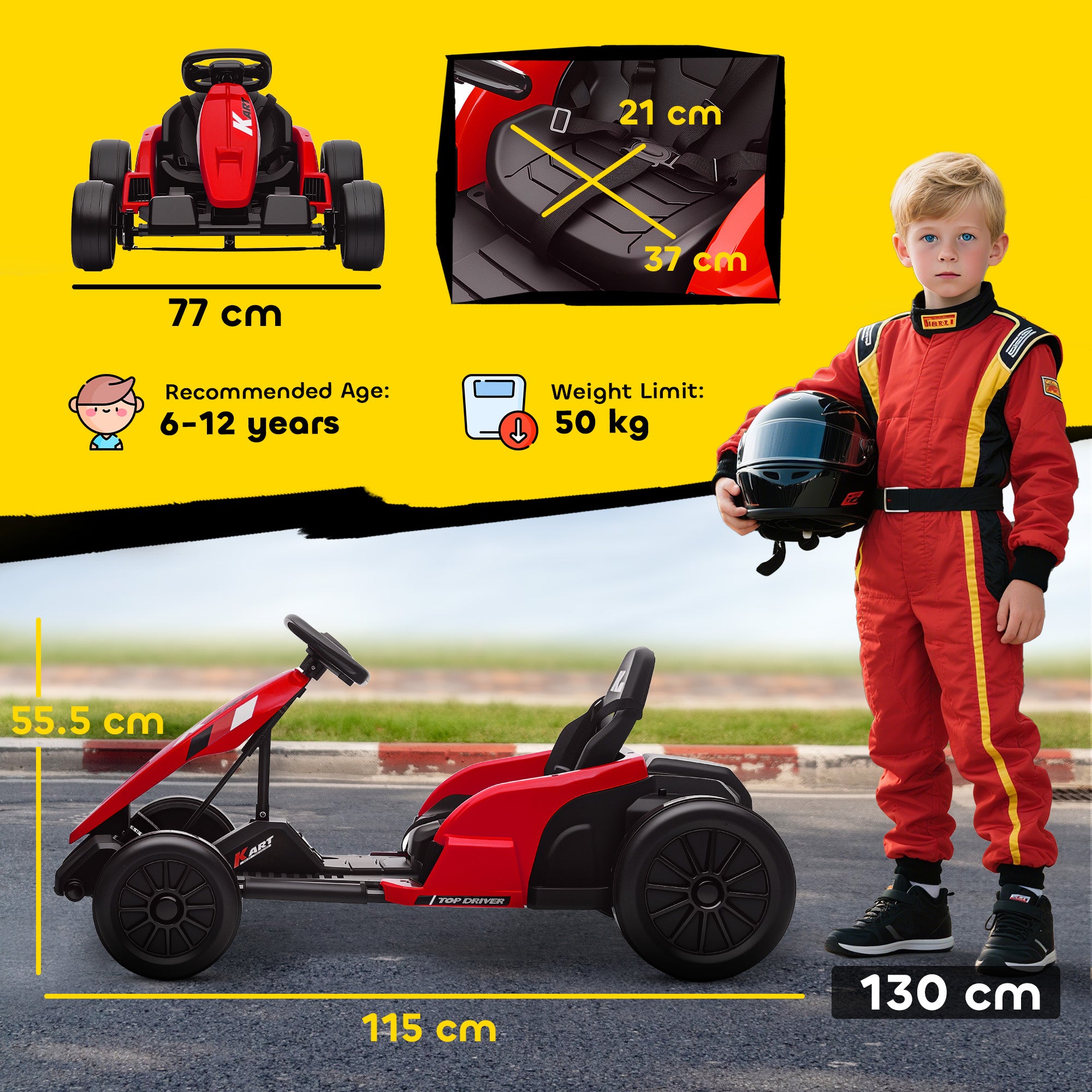AIYAPLAY 24V Electric Go Kart, Drift Kart with Adjustable Seat, Slow Start, 5-Point Harness, Music, Horn, for 6-12 Years, Red 
