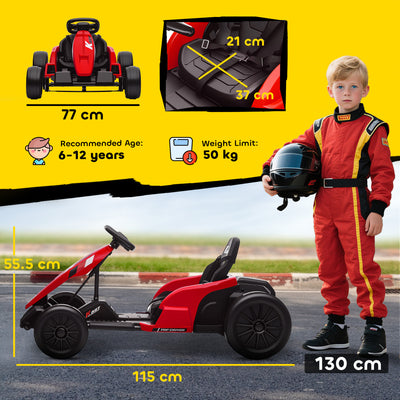 AIYAPLAY 24V Electric Go Kart, Drift Kart with Adjustable Seat, Slow Start, 5-Point Harness, Music, Horn, for 6-12 Years, Red 
