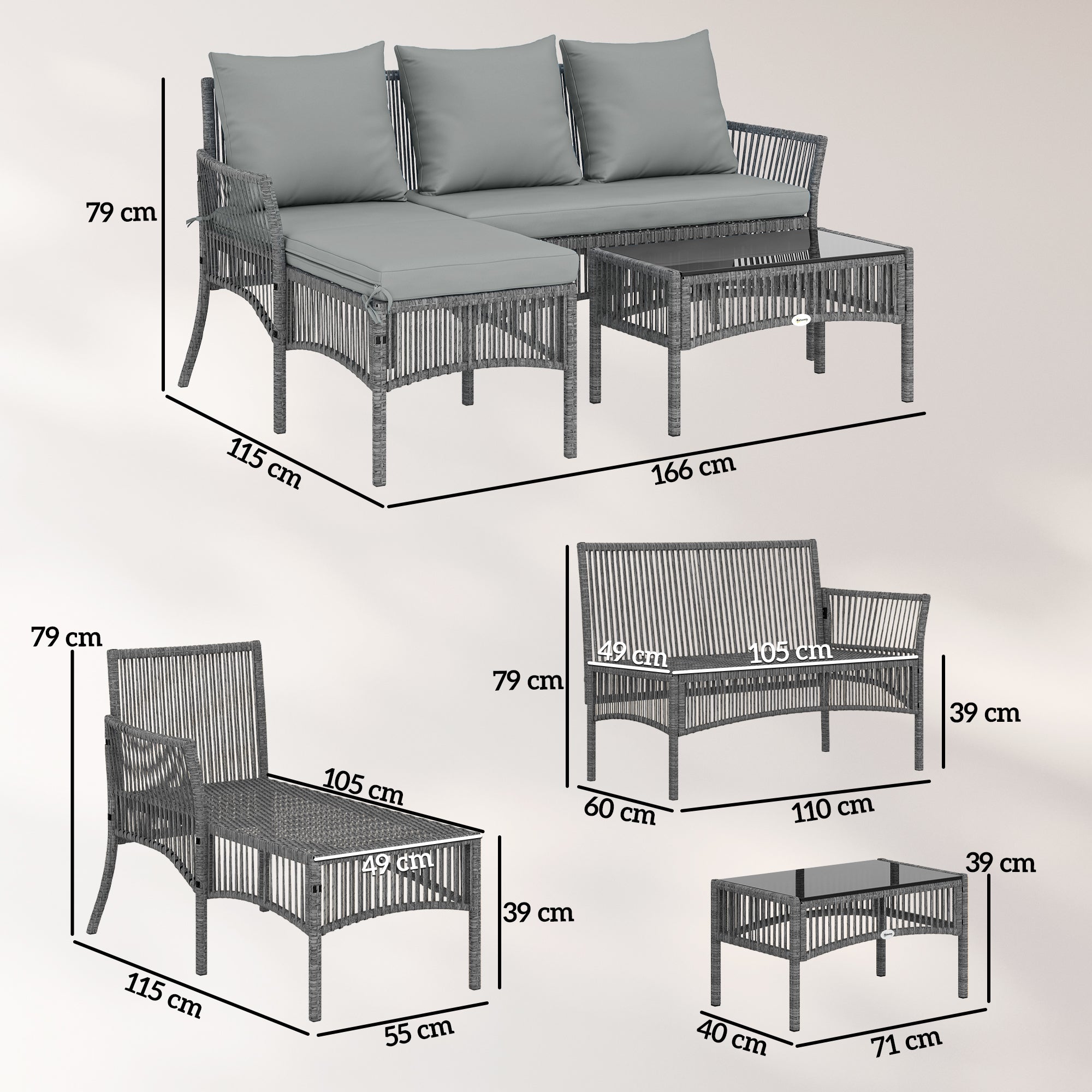 Outsunny 3 Piece Rattan Garden Furniture Corner Sofa Set with Chaise Lounge, Loveseat, Glass Coffee Table, Cushions, Dark Grey 