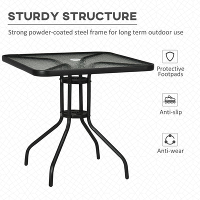 Outsunny Square Patio Table, Tempered Glass Top Bistro Table, Garden Dining Table, Outdoor Accent Coffee Table 76 x 76cm Steel Frame with Umbrella Hole 