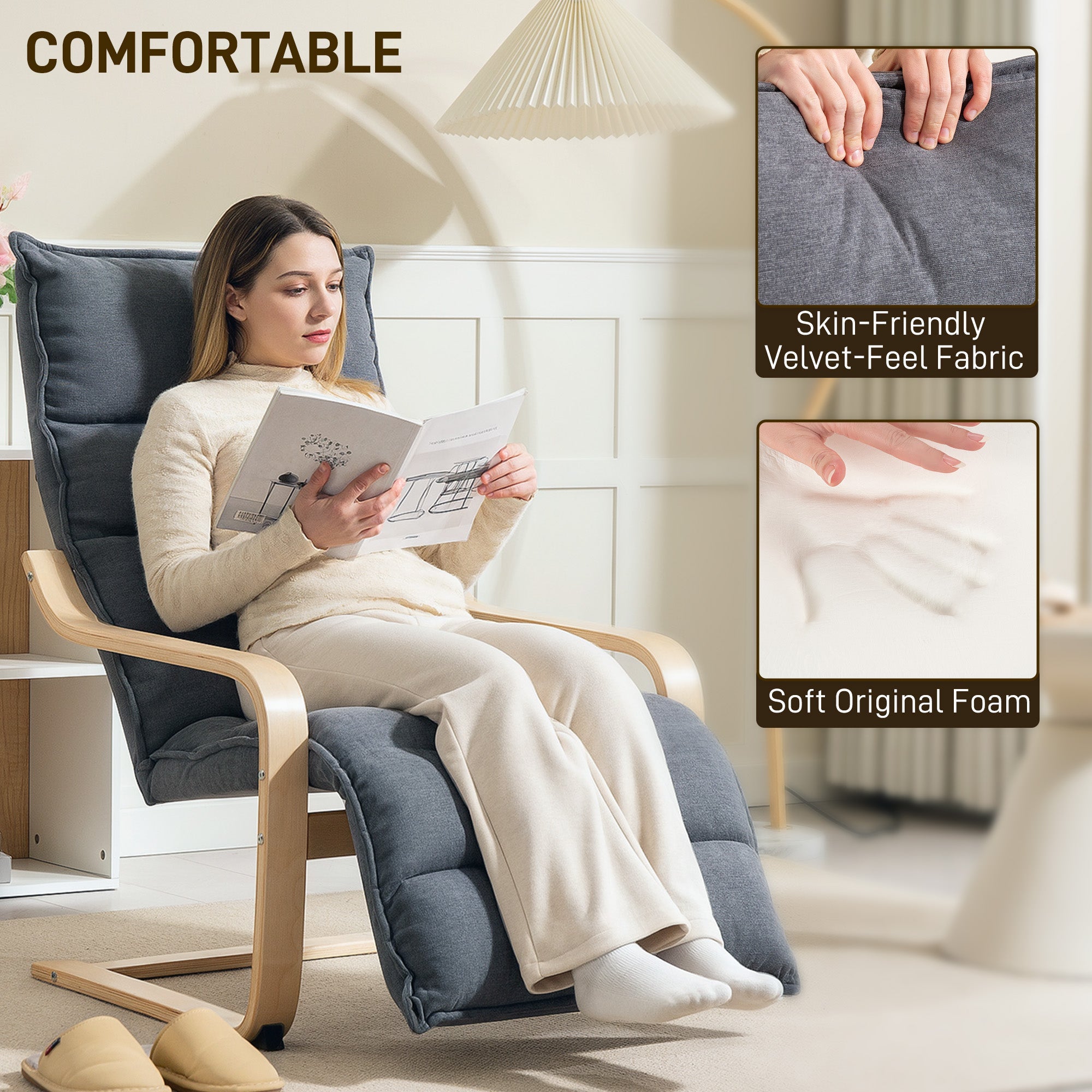 HOMCOM Curved Wooden Accent Chair, with Adjustable Footrest - Drak Grey 