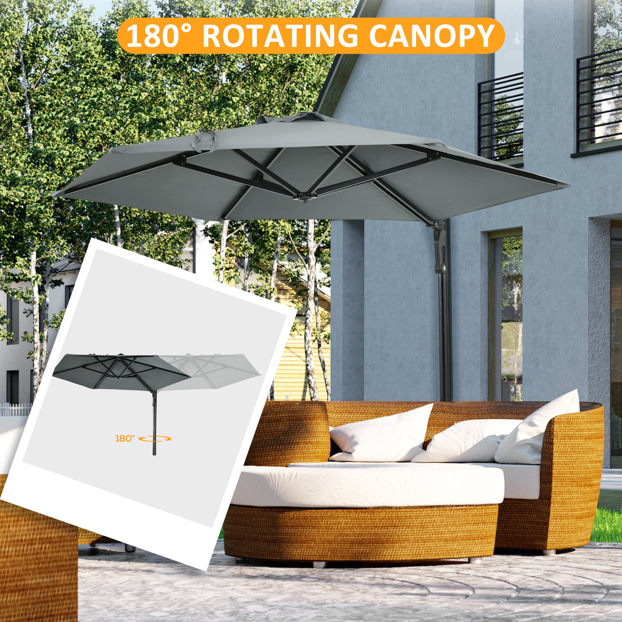 Outsunny 2.5m Wall Mounted Parasol, Hand to Push Outdoor Patio Umbrella with 180 Degree Rotatable Canopy for Porch, Deck, Garden, 250 cm, Grey 