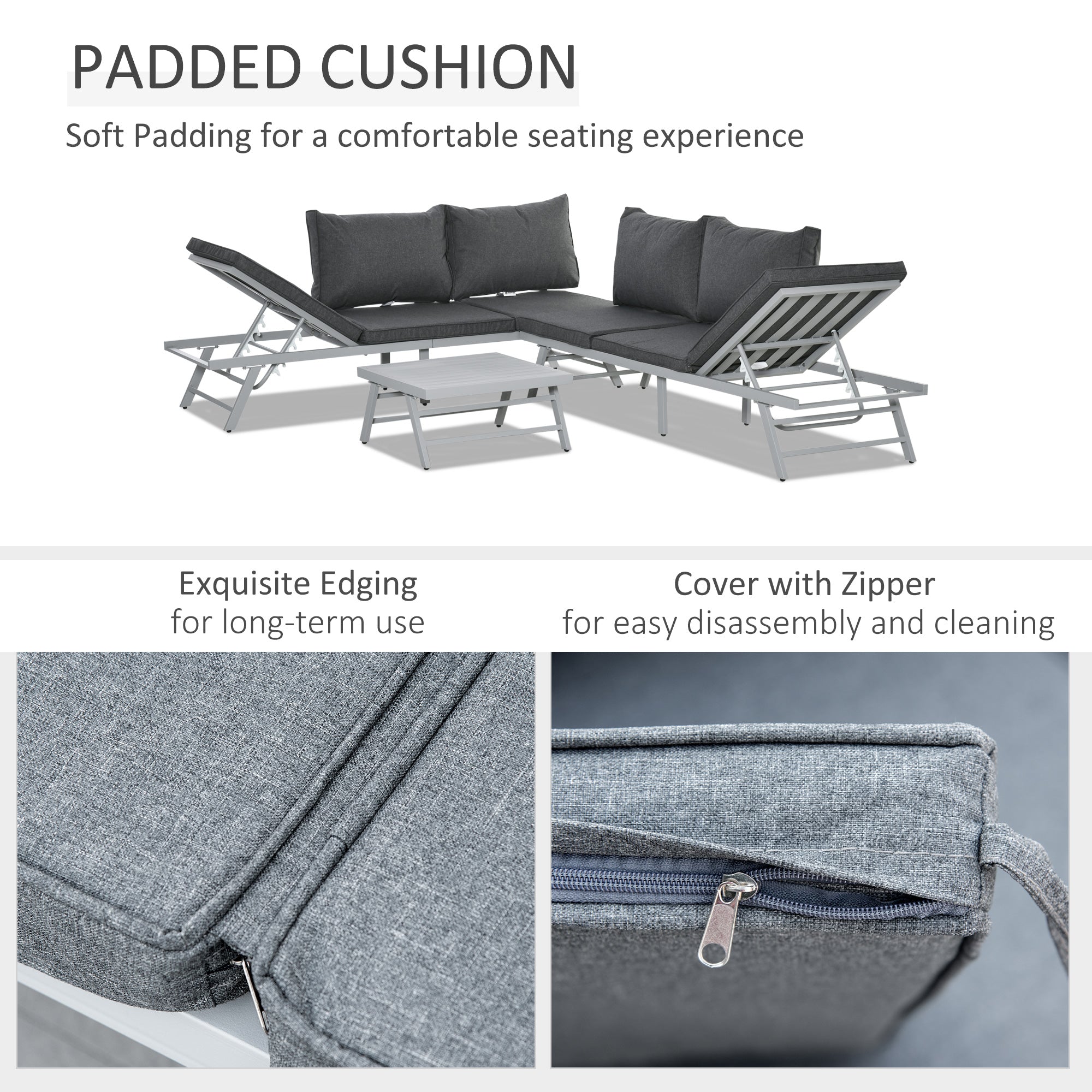 Outsunny 3 Pieces Garden Furniture Sets, 6 Seater Corner Sofa Set with Adjustable Backrest Chase Lounge with Slatted Metal Top Table, Padded Cushion, Grey 