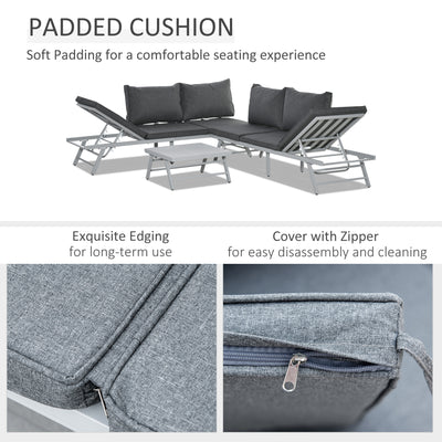 Outsunny 3 Pieces Garden Furniture Sets, 6 Seater Corner Sofa Set with Adjustable Backrest Chase Lounge with Slatted Metal Top Table, Padded Cushion, Grey 